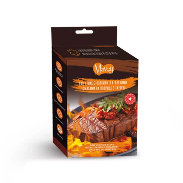 Mavsy - Charcoal deer beef chip with potato & pumpkin, 100g/Mavsy, BBQ стейк з оленини з явленими томатами на подушці з гарбуза,100г. Mavsy - Charcoal deer beef chip with potato & pumpkin, 100g/Mavsy, BBQ стейк з оленини з явленими томатами на подушці з гарбуза,100г.