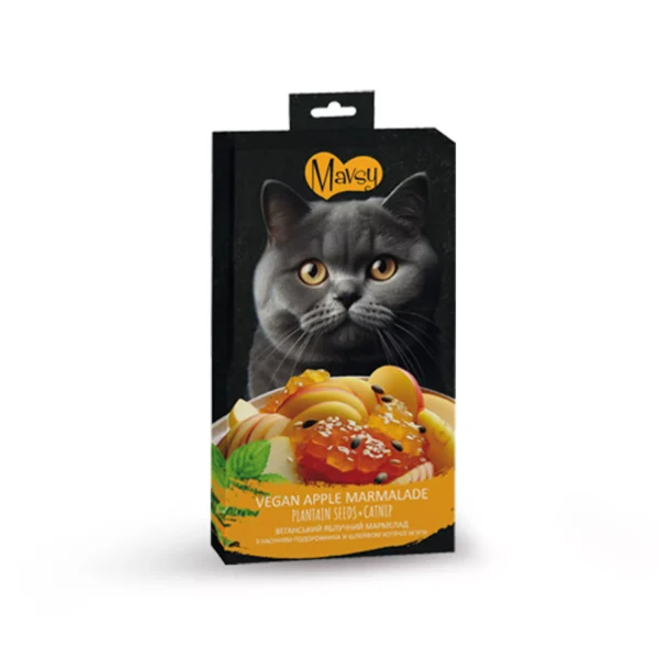 Mavsy - Creamy Treats apple + catnip, 5x15g/Mavsy, Вегетаріанський яблучний мармелад з насінням подорожника зі шлейфом котячої м’яти, 5х15г.