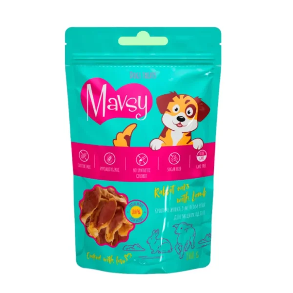 Mavsy-Rabbit Ears with Lamb, 100 g / Кролячі вушка з м'ясом ягня для міцних щелеп для собак, 100 г Mavsy-Rabbit Ears with Lamb, 100 g / Кролячі вушка з м'ясом ягня для міцних щелеп для собак, 100 г