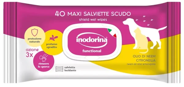 Inodorina Functional Neem Oil & Lemongras — Вологі серветки з олією дерева Нім та лемонграсом для додаткового захисту від кліщів та бліх, 40 шт Inodorina Functional Neem Oil & Lemongras — Вологі серветки з олією дерева Нім та лемонграсом для додаткового захисту від кліщів та бліх, 40 шт