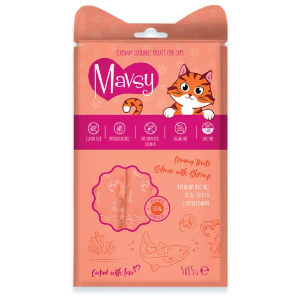 Mavsy-Creamy Treats Salmon with shrimp, 5x15g / Кремові ласощі для котів з лососем та креветками, 5×15 г Mavsy-Creamy Treats Salmon with shrimp, 5x15g / Кремові ласощі для котів з лососем та креветками, 5×15 г