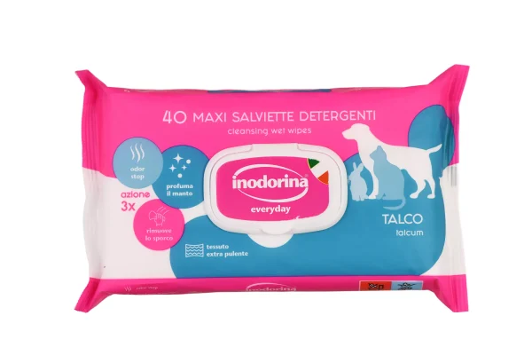 Inodorina Everyday Talco — Вологі серветки для всіх типів шерсті котів, собак та кроликів з ніжним ароматом тальку, 40 шт Inodorina Everyday Talco — Вологі серветки для всіх типів шерсті котів, собак та кроликів з ніжним ароматом тальку, 40 шт
