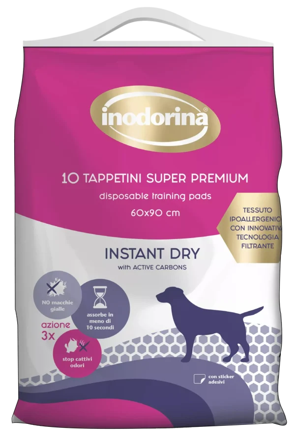 Inodorina Training Pads Instant Dry — Швидкопоглинаючі пелюшки з активованим вугіллям, 60х90 см, 10 шт Inodorina Training Pads Instant Dry — Швидкопоглинаючі пелюшки з активованим вугіллям, 60х90 см, 10 шт