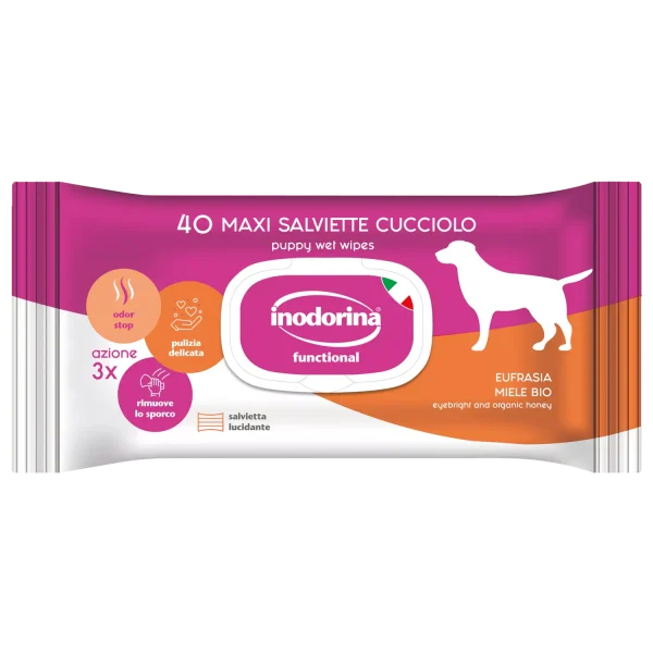 Inodorina Functional Eufrasia Miele Bio — Вологі серветки для цуценят з екстрактом очанки, медом та квітковим ароматом, 40 шт Inodorina Functional Eufrasia Miele Bio — Вологі серветки для цуценят з екстрактом очанки, медом та квітковим ароматом, 40 шт
