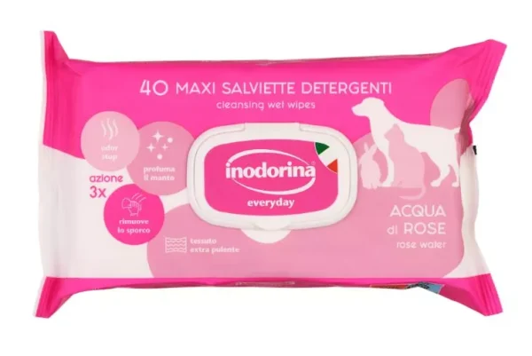 Inodorina Everyday Acqua di Rose — Вологі серветки для всіх типів шерсті котів та собак з ароматом троянди, 40 шт Inodorina Everyday Acqua di Rose — Вологі серветки для всіх типів шерсті котів та собак з ароматом троянди, 40 шт