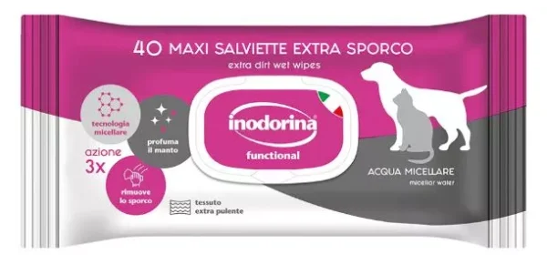 Inodorina Functional Acqua Micellare — Вологі серветки для собак та котів, з міцелярною водою, 40 шт Inodorina Functional Acqua Micellare — Вологі серветки для собак та котів, з міцелярною водою, 40 шт