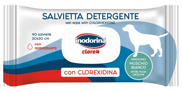 Inodorina Clorex — Вологі серветки для собак із хлоргексидином та ароматом білого мускусу, 40 шт Inodorina Clorex — Вологі серветки для собак із хлоргексидином та ароматом білого мускусу, 40 шт