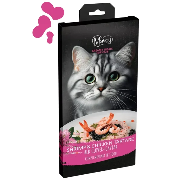Mavsy-Creamy Treats Chicken+Shrimp+roe, 5x15g/Тартар з креветок і курки з червоною конюшиною та ікрою, 5×15г Mavsy-Creamy Treats Chicken+Shrimp+roe, 5x15g/Тартар з креветок і курки з червоною конюшиною та ікрою, 5×15г