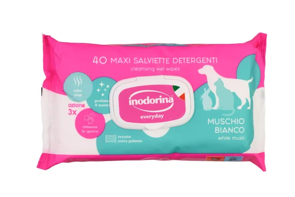 Inodorina Everyday Muschio Bianco — Вологі серветки для всіх типів шерсті тварин з ароматом білого мускусу, 40 шт Inodorina Everyday Muschio Bianco — Вологі серветки для всіх типів шерсті тварин з ароматом білого мускусу, 40 шт