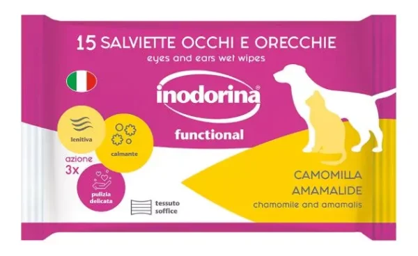 Inodorina Functional Camomilla — Вологі серветки для гігієнічного догляду за вухами та очима з ромашкою для собак і котів, 15 шт Inodorina Functional Camomilla — Вологі серветки для гігієнічного догляду за вухами та очима з ромашкою для собак і котів, 15 шт