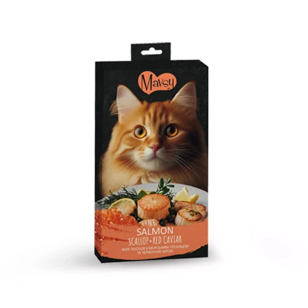 Mavsy — Creamy Treats Salmon+scallop+roe, 5x15g/Mavsy, Філе лосося у поєднанні з соковитимиг.ребінцями та червоною ікрою, 5х15г.