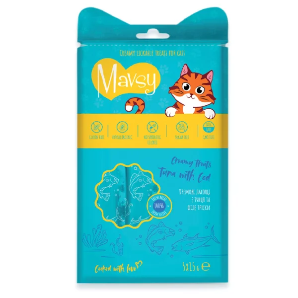 Mavsy-Creamy Treats Tuna with cod, 5x15g / Кремові ласощі для котів з тунцем та тріскою, 5×15 г Mavsy-Creamy Treats Tuna with cod, 5x15g / Кремові ласощі для котів з тунцем та тріскою, 5×15 г
