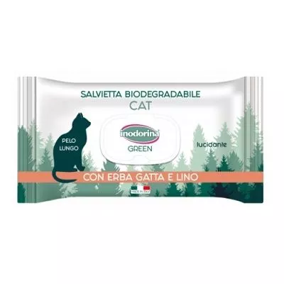 Inodorina Green Pantenolo — Вологі біорозкладні серветки з котячою мятою та льоном для котів з довгою шерстю, 30 шт