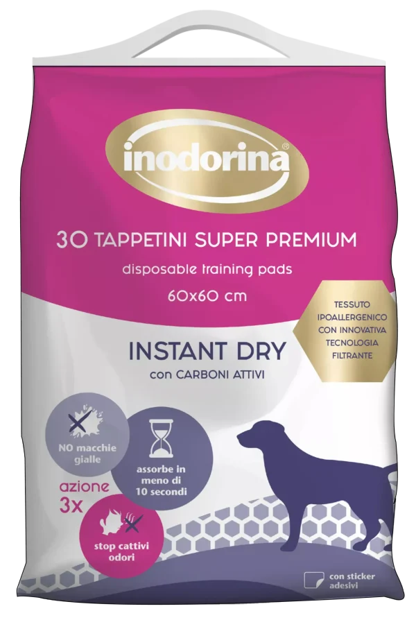 Inodorina Training Pads Instant Dry — Швидкопоглинаючі пелюшки з активованим вугіллям, 60х60 см, 30 шт Inodorina Training Pads Instant Dry — Швидкопоглинаючі пелюшки з активованим вугіллям, 60х60 см, 30 шт