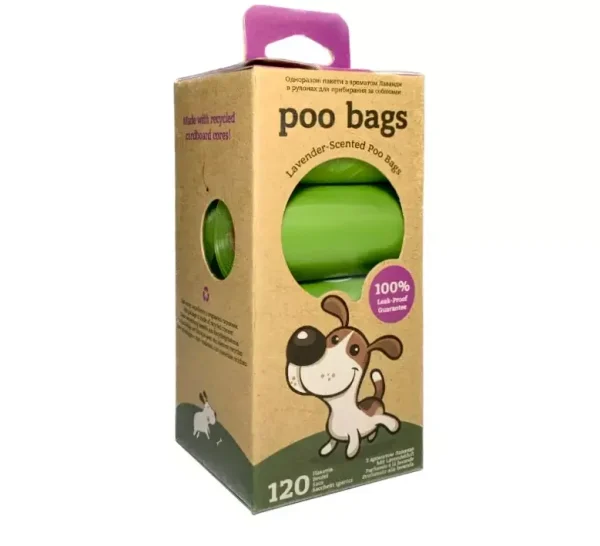 Poo Bags одноразові пакети для прибирання за тваринами з ароматом лаванди в рулонах, 120 шт (8 рулонів по 15 пакетів) Poo Bags одноразові пакети для прибирання за тваринами з ароматом лаванди в рулонах, 120 шт (8 рулонів по 15 пакетів)