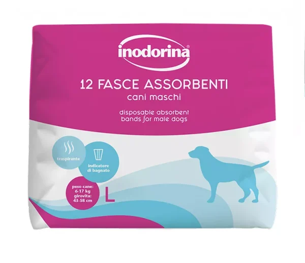 Inodorina Fasce Assorbenti — Гігієнічний абсорбуючий пояс для кобелів з індикатором вологості, 12 шт., розмір L Inodorina Fasce Assorbenti — Гігієнічний абсорбуючий пояс для кобелів з індикатором вологості, 12 шт., розмір L