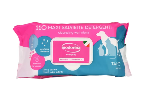Inodorina Everyday Talco — Вологі серветки для всіх типів шерсті тварин з ароматом тальку, 110 шт Inodorina Everyday Talco — Вологі серветки для всіх типів шерсті тварин з ароматом тальку, 110 шт